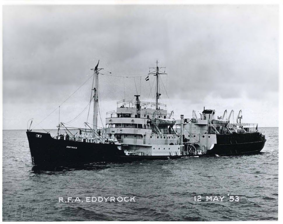 RFA EDDYROCK  1953-1967
Based at Singapore and supported ships of the Royal Navy there during the Indonesian crisis, especially the Inshore Squadron. Taken out of service and sold in 1967, renamed Aletta. Broken at Jurong 1977. 
Photo 1953.
