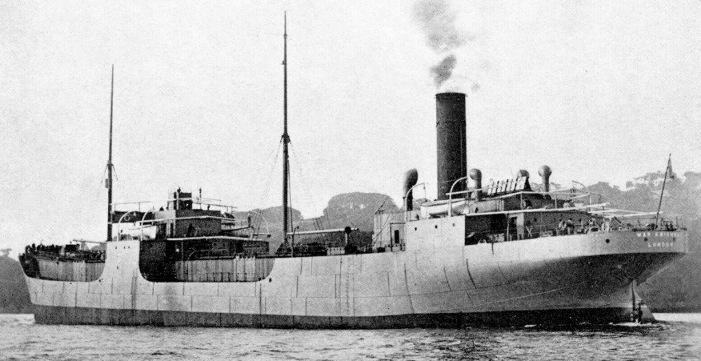 RFA WAR KRISHNA
GRT 5730. Built Swan Hunter 1919. Engines aft. Managed by Davies & Newman. Sold at Trinco in 1947, scrapped 1948.
