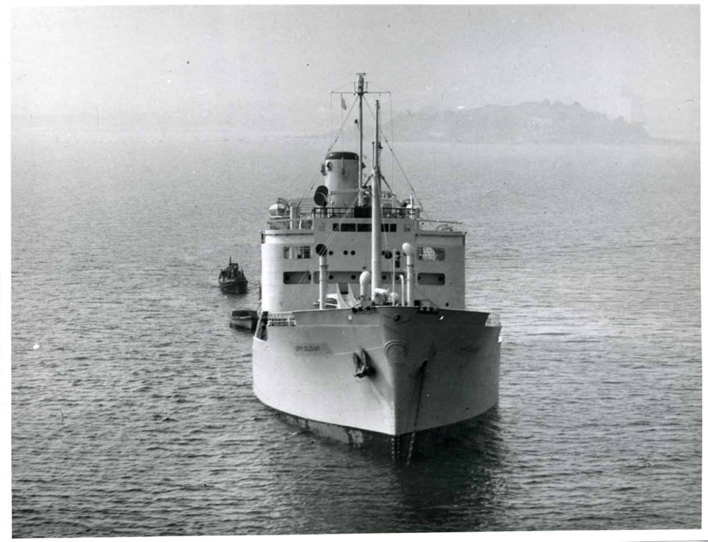 RFA APPLELEAF (2)  1959-1970
In October 1967, Appleleaf was part of the Aden taskforce. The RFA charter ceased at the end of 1969. Scrapped Argentina 1980. Photo 1959.
2nd Leaf Class. Approx DWT 17000 - 18000. Bareboat chartered.
RFA Appleleaf (2). A83. (Ex George Lyras). 1959 - 1972. RFA Bayleaf (2) A79. (Ex London Integrity) 1959 - 1973. RFA Brambleleaf (2) A81. (Ex London Loyalty) 1959 - 1972. RFA Cherryleaf (2) A82. (Ex Laurelwood) 1959 - 1966. RFA Cherryleaf (3) A82. (ex Overseas Adventurer) 1973 - 1979. RFA Orangeleaf ((2) A80. (Ex Southern Satellite) 1959 - 1978. RFA Pearleaf (2) A77. 1960 - 1986, RFA Plumleaf (2) A78.1960 - 1986.
Machinery: Appleleaf, Bayleaf, Brambleleaf, Orangeleaf 1 X NEME/Doxford 6-cylinder diesel, 6800bhp, single shaft Cherryleaf (1953) 1 x NEME/Doxford 6-cylinder diesel, 6600bhp, single shaft Cherryleaf (1963) 1 X MAN 7-cylinder diesel, 8400bhp, single shaft Pearleaf1 x Rowan/Doxford 6-cylinder diesel, 8OOObhp, single shaft Plumleaf 1 x NEME/Doxford 6-cylinder diesel, 9500bhp, single shaft
Speeds: Cherryleaf (1953) 13.5 knots; Bayleaf, Brambleleaf, Plumleaf 14 knots; Cherryleaf(1963) 14.5 knots; Orangeleaf, Pearleaf 15 knots

