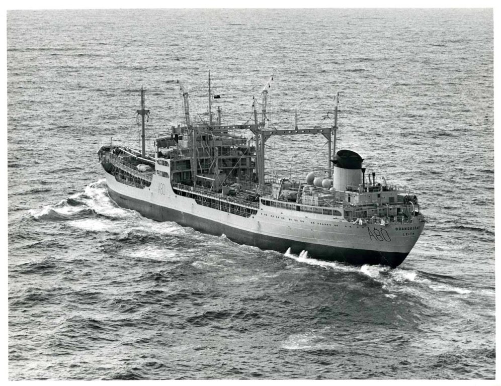 RFA ORANGELEAF (2)  1959-1978
Completed in June 1955 as Southern Satellite. Chartered 22 May 1959, until July 1978. The only one of the class fitted with 4 RAS rigs. Scrapped at Seoul. 
Photo 1968.
