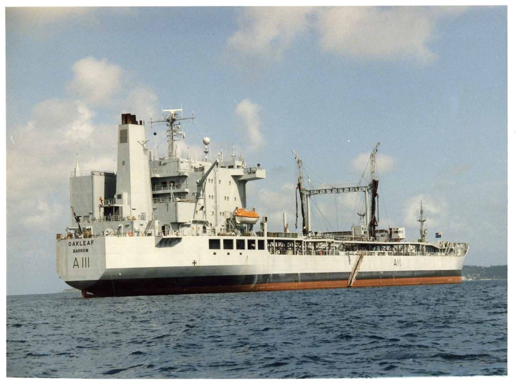 RFA OAKLEAF (2)  1985-2007
Built at Uddevalla, Sweden, and completed for Swedish owners as Oktania. In 1985 she was sold to James Fisher & Sons pic, Barrow, for charter for operation by the RFA. She was converted for RFA purposes at a cost of Â£5 million by Falmouth Shiprepair Ltd. Laid up in Portsmouth in 2007, three years earlier than expected. 
