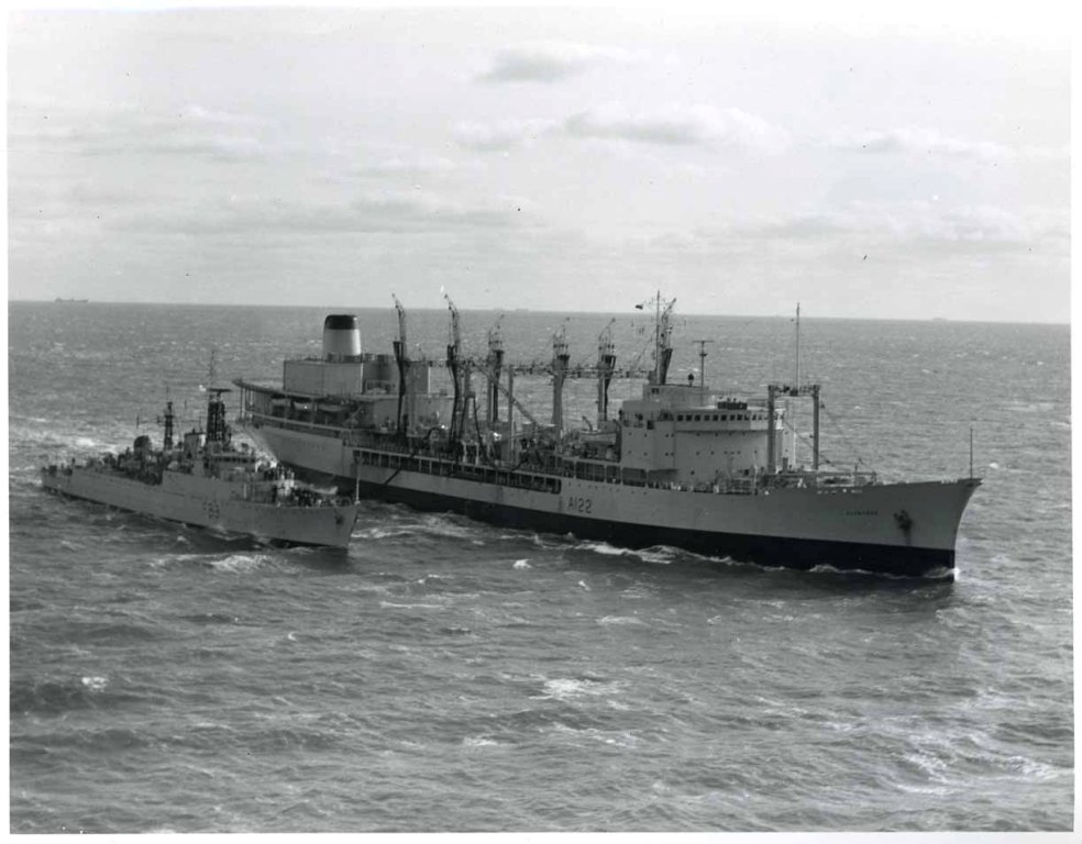 RFA OLYNTHUS  1965-1967
First of class, renamed in October 1967 to avoid confusion with the submarine Olympus. 
O Class Fleet Replenishment Tankers.
Built 1965/6. 24134dwt. RFA Olwen (2) A122 (Ex Olynthus). RFA Olmeda A124 (Ex Oleander). RFA Olna(3)A123.
Length overall: 648ft. Beam: 84ft. Draught: 34ft. Depth: 44ft.
Machinery: Olwen, Olna 2 x Hawthorn Leslie/Pametrada double reduction geared turbines; Olmeda 2 x Wallsend/Pametrada double reduction geared turbines 26,500shp, 2 x Babcock and Wilcox superheat boilers, single shaft, bow thruster (Olna only - never worked). Speed: 21 knots. Range: 10,000nm / 16 knots. Armament: 2 x 20mm; 2 chaff launchers. Aircraft: 3 x Westland Wessex or Westland Sea King. Complement: 88 RFA, 40 RN
Olmeda scrapped 1994. Others 2000. 
