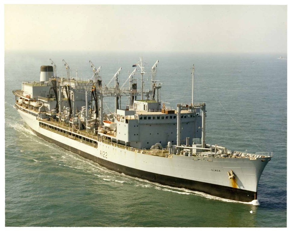 RFA OLWEN (2) 1967-2000
Final Cod War. Jubilee Review at Spithead on 28 June 1977. In 1978, she ran aground on the Shambles. In refit during the Falklands campaign. 1991 Gulf conflict, and was deployed to the Adriatic in support of NATO forces in the mid 1990s. Laid up at Portsmouth in 1999 . After an eventful voyage she was scrapped at Alang in 2001. 
