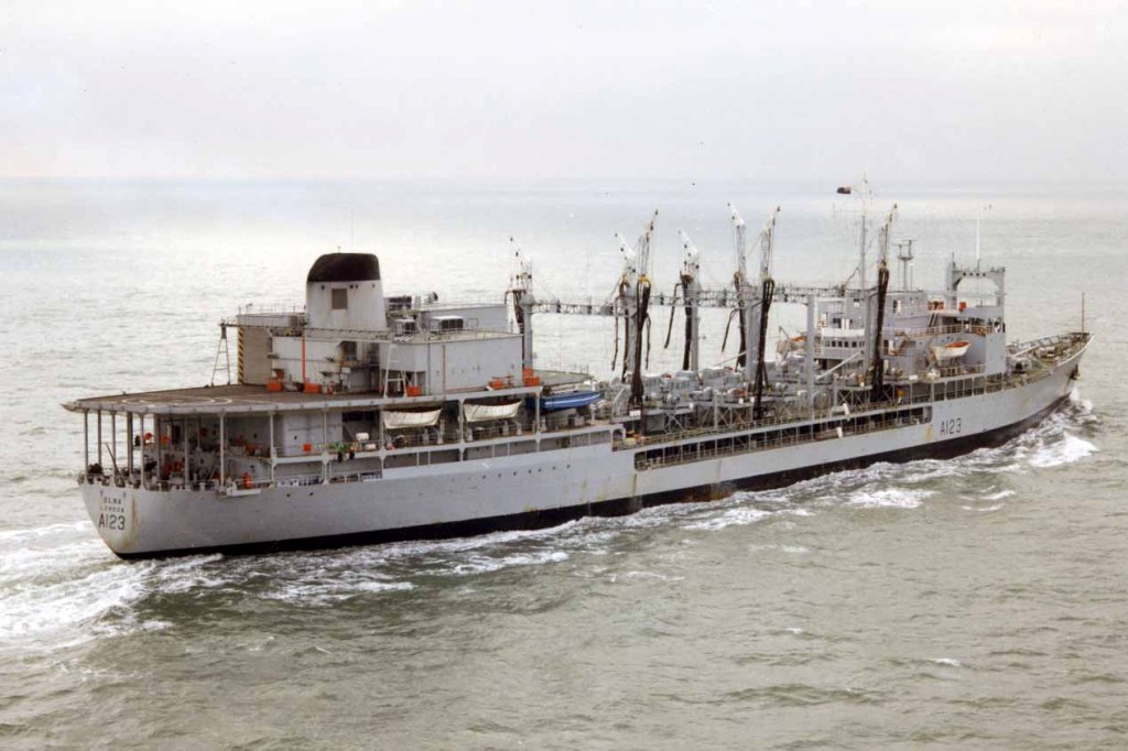 RFA OLNA (3)  1966-2000
In 1966, rescued the crew of Zaneta that had sunk in the Arabian Sea. Part of the Bristol group. during the Falklands. In March 1985, with HMS Endurance in the rescue of personnel of the services expedition to Brabant Island. 1990-1 Gulf War. Laid up at Gibraltar 1999, briefly reactivated and finally taken out of service on 24 September 2000 at Portsmouth. Scrapped Alang 2001. 
