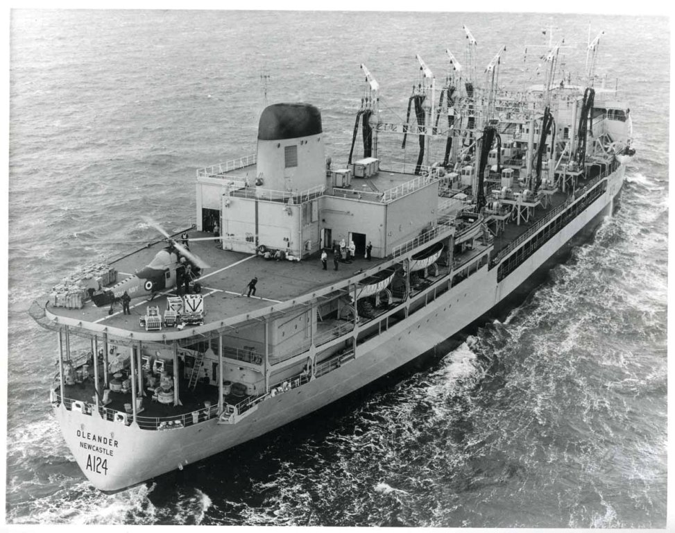 RFA OLEANDER  1965-1967
Second of the class to be launched, she was renamed on 4 December 1967 to avoid confusion with the Leander class frigate HMS Leander. 
