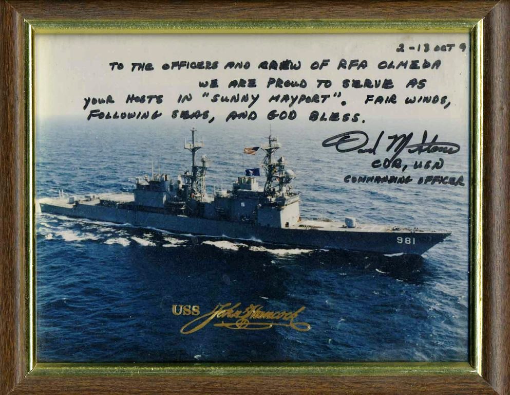 USS JOHN HANCOCK
Framed photo presented to RFA Olmeda 1992.

