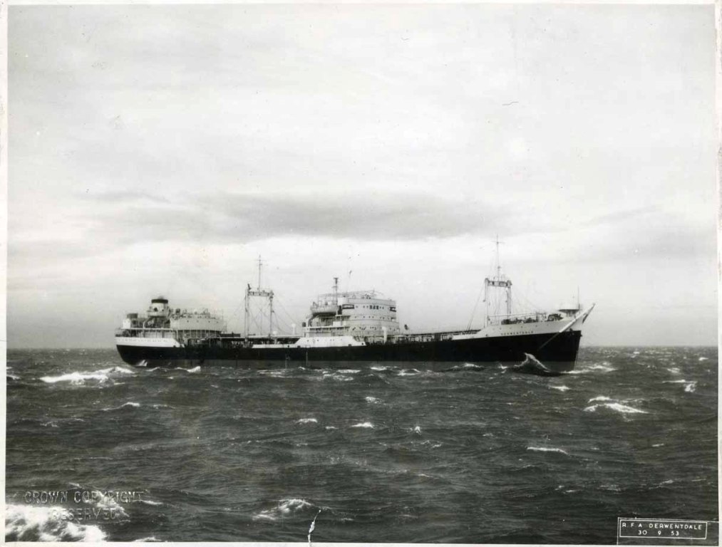 RFA DERWENTDALE (1)  1941-1959
GRT 8398. Completed as LSG by H&W Belfast. Landings at Madagascar, North Africa, Sicily, Italy. Dived bombed and beached at Salerno. Towed to Malta and then UK. Re-engined from Denbydale. Returned to service as tanker 1946 and used extra accommodation for passengers on Trinidad run. Sold 1959, scrapped 1966. 
Photo 1953.
