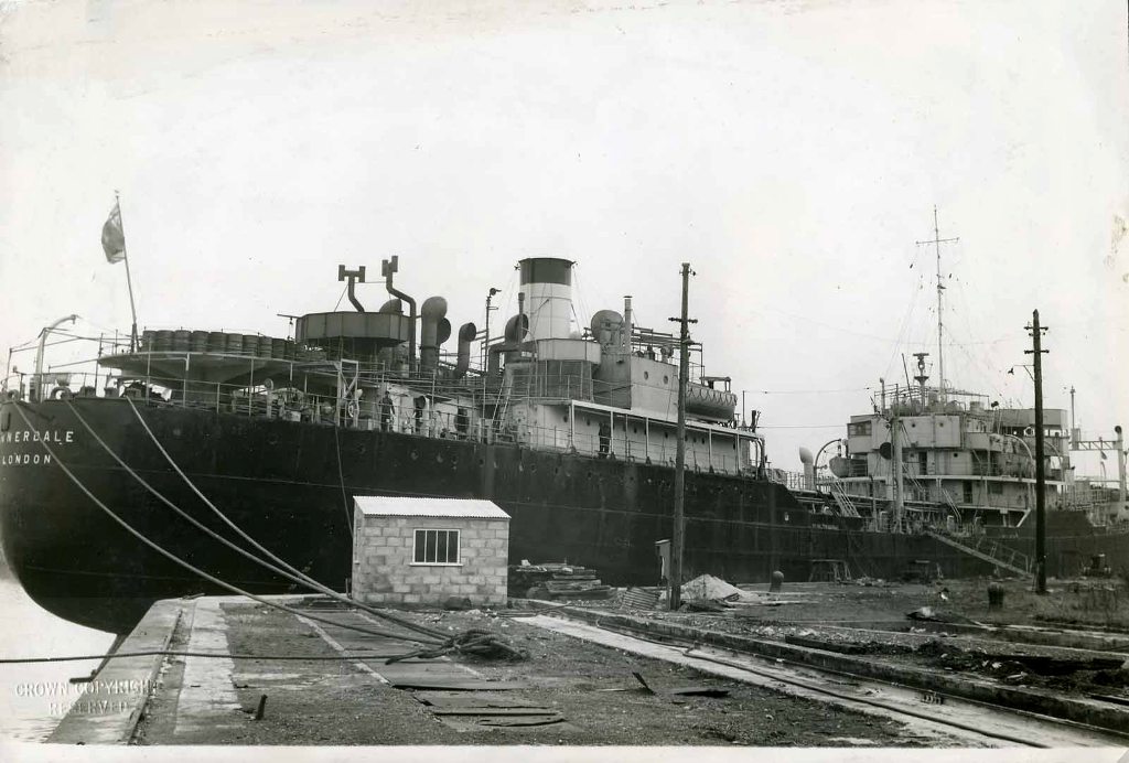 RFA ENNERDALE (1)  1941-1958
GRT 8150. Completed 1941 as LSG by Swan Hunter. Steam recip.
North Afica, Italy and Far East landings. Mined at Port Swettenham December 1945 and returned UK. Sold BISCO 1958. 
Phot probably 1958.
