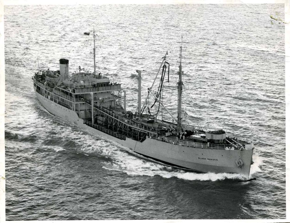 RFA BLACK RANGER  1941-1973
GRT 3313. Built H&W Glasgow. 6 Cyl H- B&W. Speed 14.
Based at Scapa Flow and was escort olier on all Russian convoys and some Norwegian coast raids. Post war mainly based at Portland working for FOST though she did venture as far as the Med, Windies and the Falklands. 
Ranger Class Fleet Attendant Tankers.
Built 1940-41. 3950 dwt. Admiralty design to replace 2000 Ton Class. Built with offset mast, wheelhouse, funnel and dummy funnel as successful camouflage. In service until 1974. 
RFA Black Ranger A163. RFA Blue Ranger A157. RFA Brown Ranger A169. RFA Gold Ranger A130. RFA Gray Ranger . RFA Green Ranger. 



