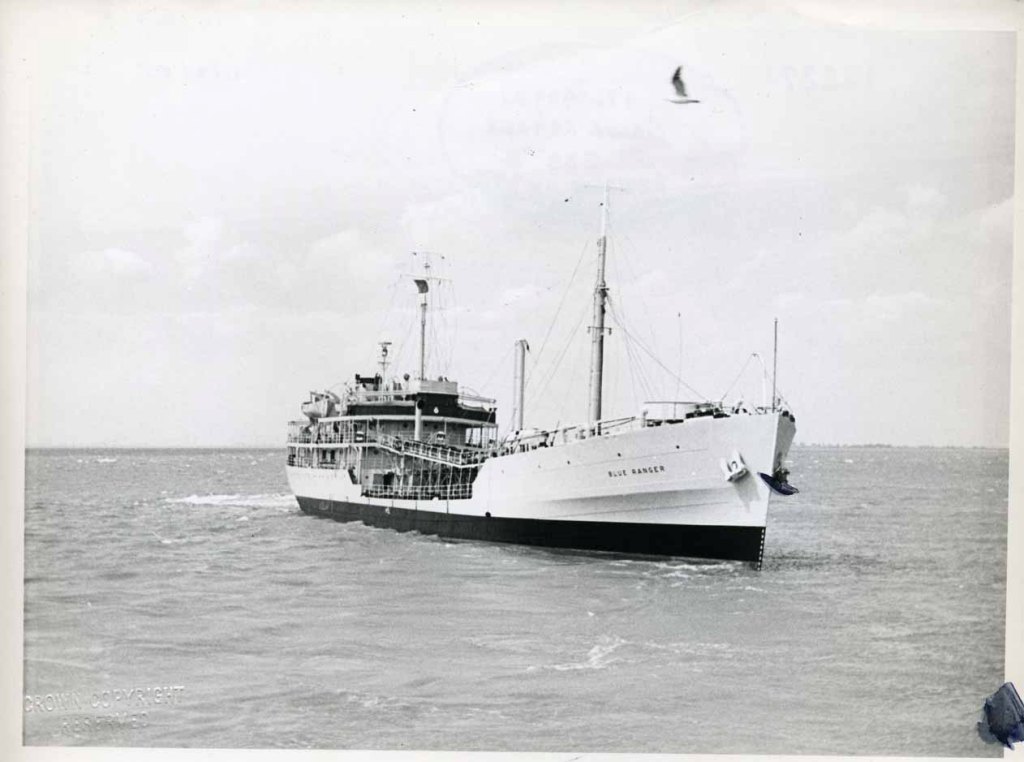 RFA BLUE RANGER  1941-1972
GRT 3417. Built H&W Glasgow. 6 Cyl H- B&W. Speed 14.
Wartime duties similar to Black and afterwards based Malta.
Photo 1955

