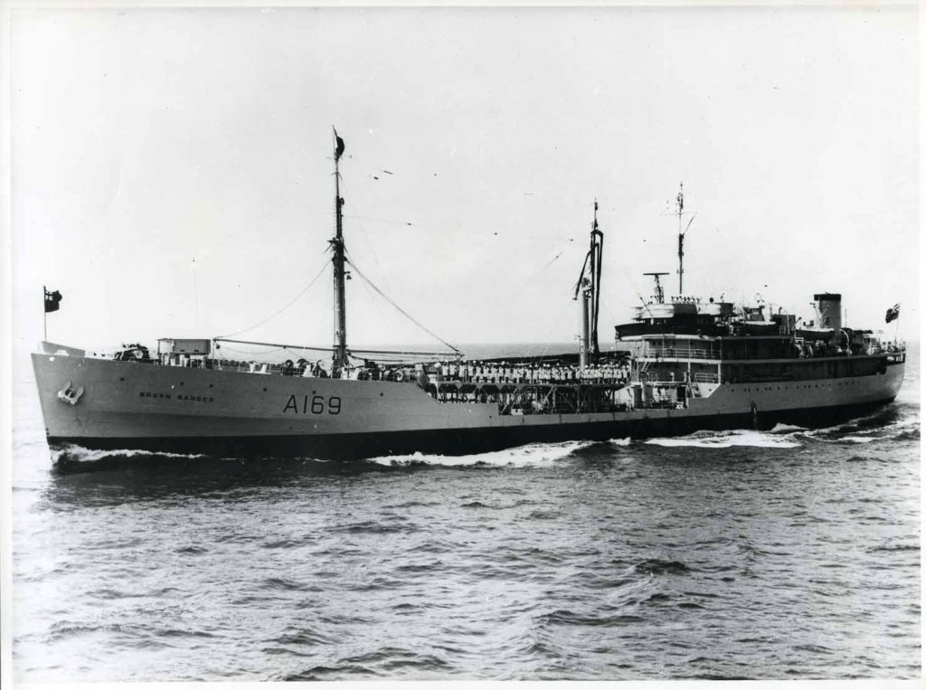 RFA BROWN RANGER  1941-1974
GRT 3417. Built H&W Glasgow. 6 Cyl H- B&W. Speed 14.
Based Gibraltar and escort oiler on all Malta convoys and N. African landings. Port oiler Bone and Algiers. Thence Pacific Fleet including Leyte and re-occupation of Honkers and Shankers. Royal tour with Vanguard. Latterly between the Med and Home stations with a venture across the Pacific to support Sir Percivale. Laid up Devonport November 1974 for disposal. Sold for scrap at Gijon, April 1975. 
Photo circa 1966.

