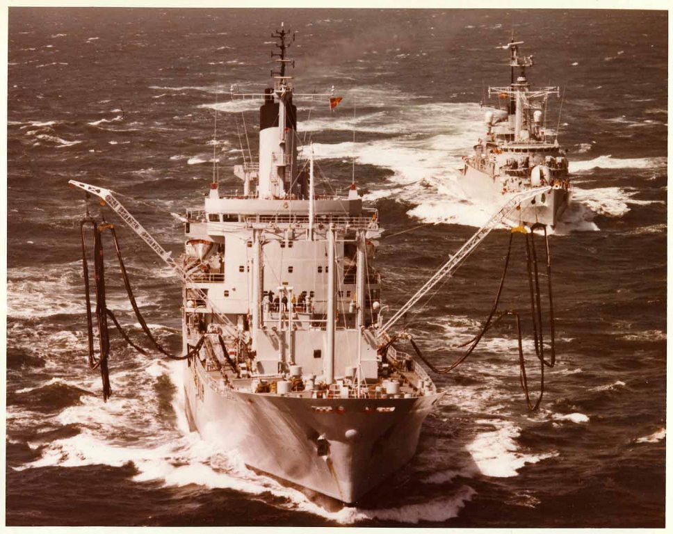RFA GOLD ROVER  1974 -
FOF2 flagship Pacific in 1975. Jubilee Review in the Solent on 28 June 1977. Flood relief operations off Jamaica in 1986. In January 2000, she had to be towed in to Devonport after breaking down off the Lizard. 2006 Operation Vela, off Sierra Leone. 
RAS HMS Ardent.
