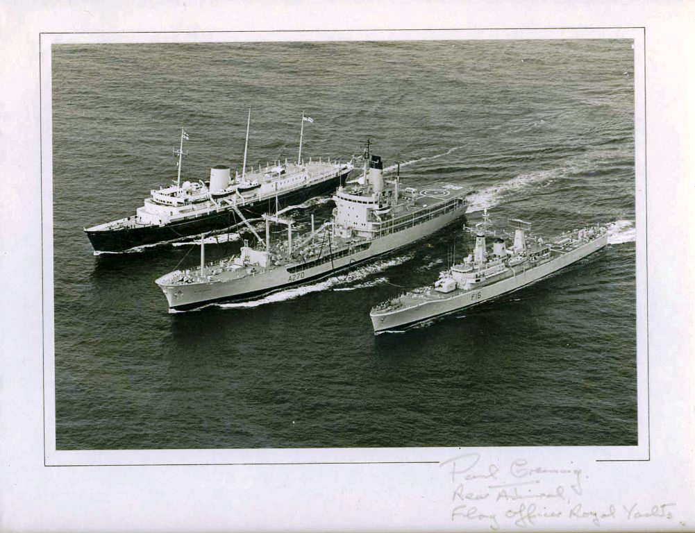 RFA BLUE ROVER
Fuelling HMY Britannia & HMS Diomede. Framed photo signed by RADM Paul Greening, FORY.
