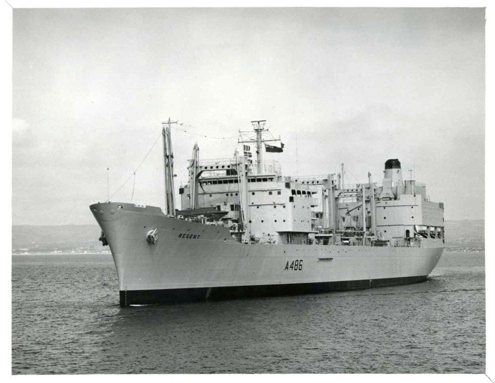 RFA REGENT  1967-1993
Photo 25 July 1967.
Fleet Replenishment Ships. RFA Resource. A 480. GRT 18029. 1967 - 1997. RFA Regent. A 486. GRT 18029. 1967 - 1993.
Length overall: 640ft. Beam: 77ft. Draught: 26ft. Depth: 49ft 6in
Machinery: 2 x AEI double reduction geared turbines, 20,000shp, single shaft. Speed:21 knots.
1 x Wessex HU5 helicopter. Complement: 125 RFA, plus 44 STON and embarked RN air crew. 

