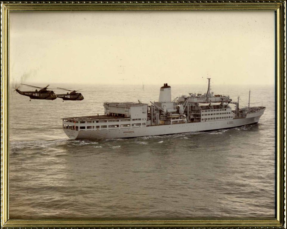 RFA FORT AUSTIN  1979-
Framed Photo.

Fort Class Fleet Replenishment Ships. (AEFSH) Built Scotts, 1978/9. 16009 GRT. Still in service.
RFA Fort Grange A385 (Renamed RFA Fort Rosalie(2)). RFA Fort Austin A386.
Length overall: 604ft. Beam: 79ft. Draught: 29ft 6in. Depth: 49ft.
Machinery: 1 X 8-cylinder Scotts'/Sulzer 8RND90 diesel engine, 22,300bhp, single shaft, bow thruster. Speed: 21 knots
Armament: 2 X 20mm GAM-BO1,4 X 7.62mm GPMGs
Aircraft: 4 X Sea Kings (flight deck + RLP)
Complement: 140 RFA, 44 STON, 20 RN naval air unit; (plus Flight) 
