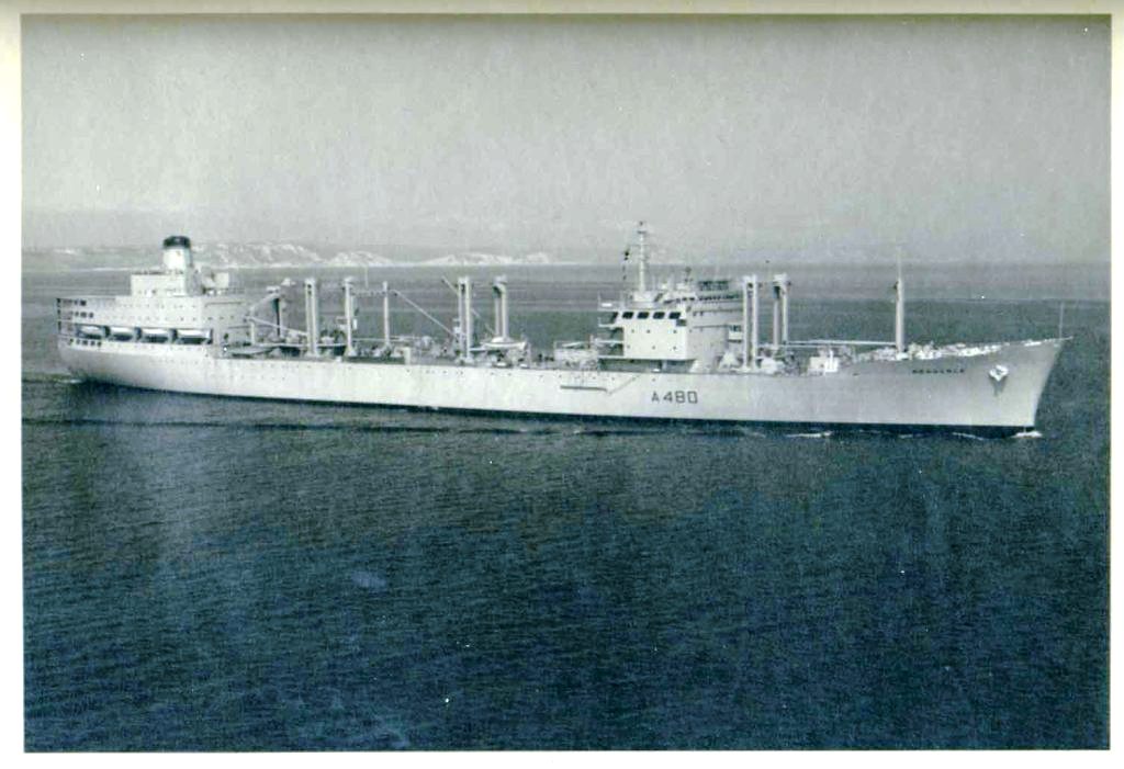 RFA RESOURCE  1967-1997
Framed photo.
Fleet Replenishment Ships. RFA Resource. A 480. GRT 18029. 1967 - 1997. RFA Regent. A 486. GRT 18029. 1967 - 1993.
Length overall: 640ft. Beam: 77ft. Draught: 26ft. Depth: 49ft 6in
Machinery: 2 x AEI double reduction geared turbines, 20,000shp, single shaft. Speed:21 knots.
1 x Wessex HU5 helicopter. Complement: 125 RFA, plus 44 STON and embarked RN air crew. 

