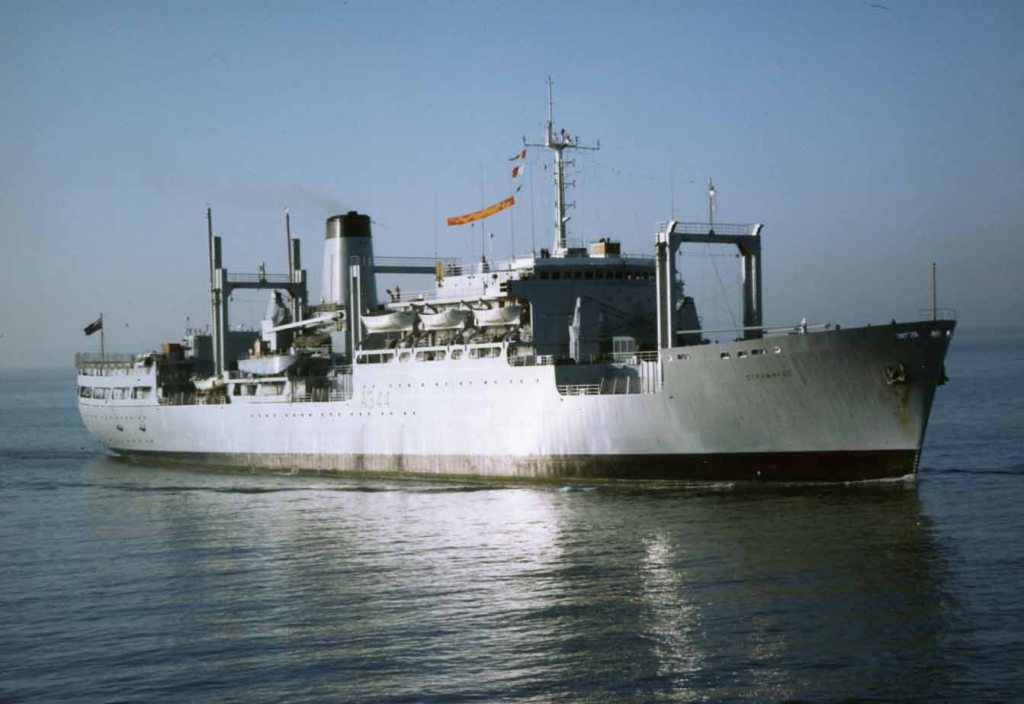 RFA STROMNESS  1967-1983
Ness Class Fleet Replenishment Ships (AFS). Built Swan Hunter , 1966/7. 12359 GRT. In RFA Service until 1981/3 when sold to USMSC.
RFA Lyness A339 (USNS Sirius 1981) RFA Stromness A344. (USNS Saturn 1983) RFA Tarbatness A345. (USNS Spica 1982).
Length: 523ft. Beam: 72ft. Draught: 25ft 6in. Depth: 44ft 6in.
Machinery: 8-cylinder Wallsend/Sulzer RD76 supercharged diesel engine, 12,800bhp, single shaft. Speed: 17-18 knots.
Aviation: Fitted with flight deck for helicopter but no hangar facilities. Complement: 110 RFA, 50 STO
