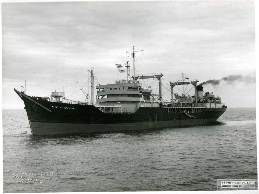 RFA WAVE SOVEREIGN  1946-1967
She was present at the Christmas Island nuclear tests and supported Royal Navy ships during the first Cod War. She was taken out of service in 1966 at Singapore and sold 1967 for breaking up. 
Photo 1954.

