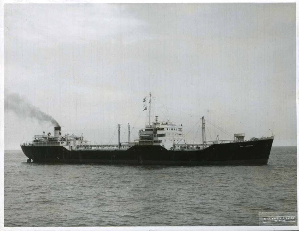 RFA WAVE LIBERATOR  1946-1959
Completed as as Empire Milner. At Bombay at the end of 1958 for sale 'as lies' with unrepaired collision damage. Scrapped Hong Kong 1959. 
Photo 1955.
