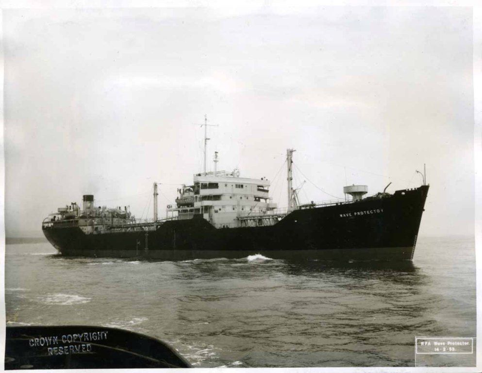 RFA WAVE PROTECTOR  1946-1963
Completed as Empire Protector, she replaced War Hindoo as oiling hulk in Grand Harbour, Malta, in March 1958. Scrapped Le Grazie in August 1963. 
Photo 1953.
