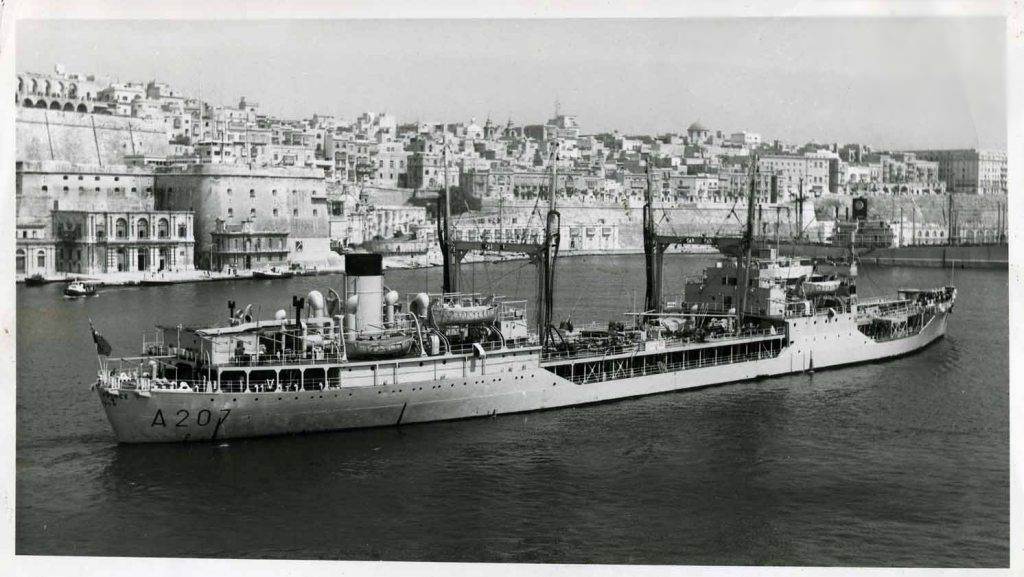 RFA WAVE PRINCE  1947-1971
Empire Herald. Refitted and modernised in 1961-2. Acted as escort oiler for the Royal Yacht during the Queen's visit to Australia. Laid up Plymouth in April 1966 and scrapped 1971.
Photo by A&J Pavia, Malta.
