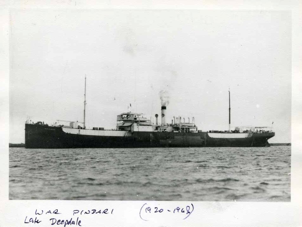 RFA WAR PINDARI 1921-1947
GRT 5548. Built Lithgows 1920. managed by Bowring. Sold 1948, renamed Deepdale H and later Carignano. Out of register 1955.
