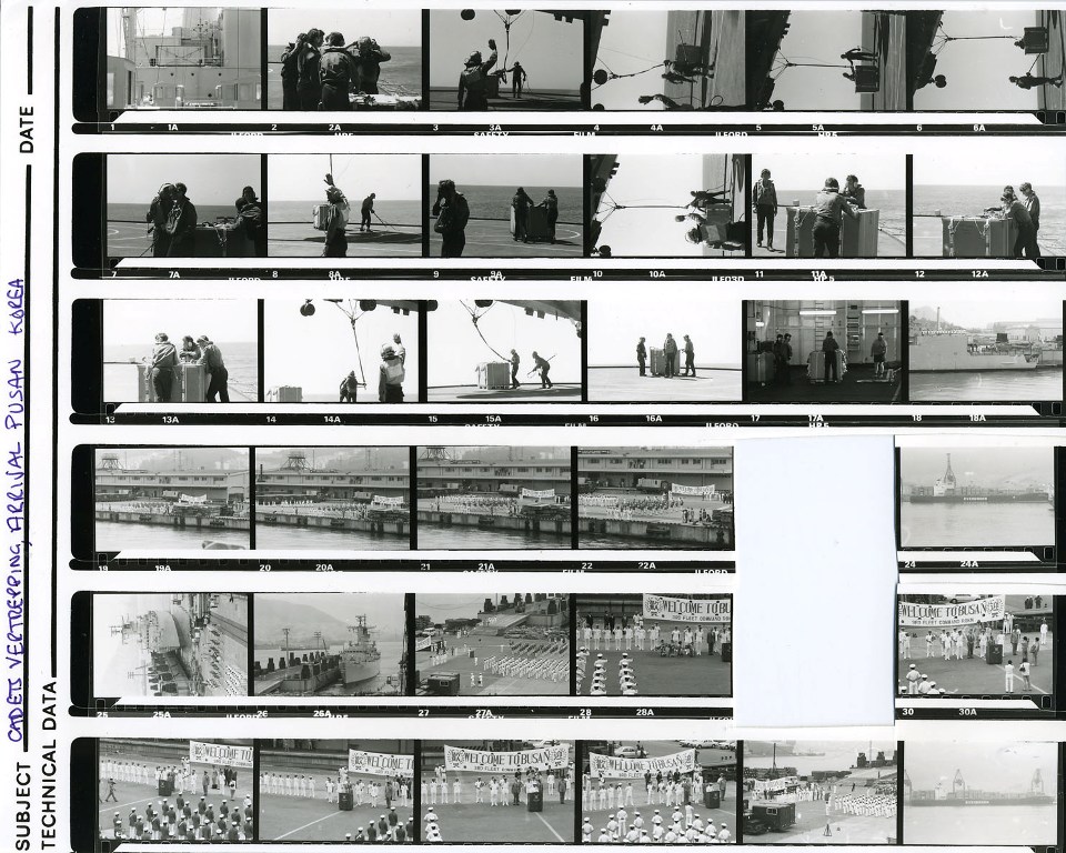 RFA OLMEDA
35mm contact sheet of 34 frames of Cadets vertrepping and arrival Pusan, Global 86.
Negatives held.
