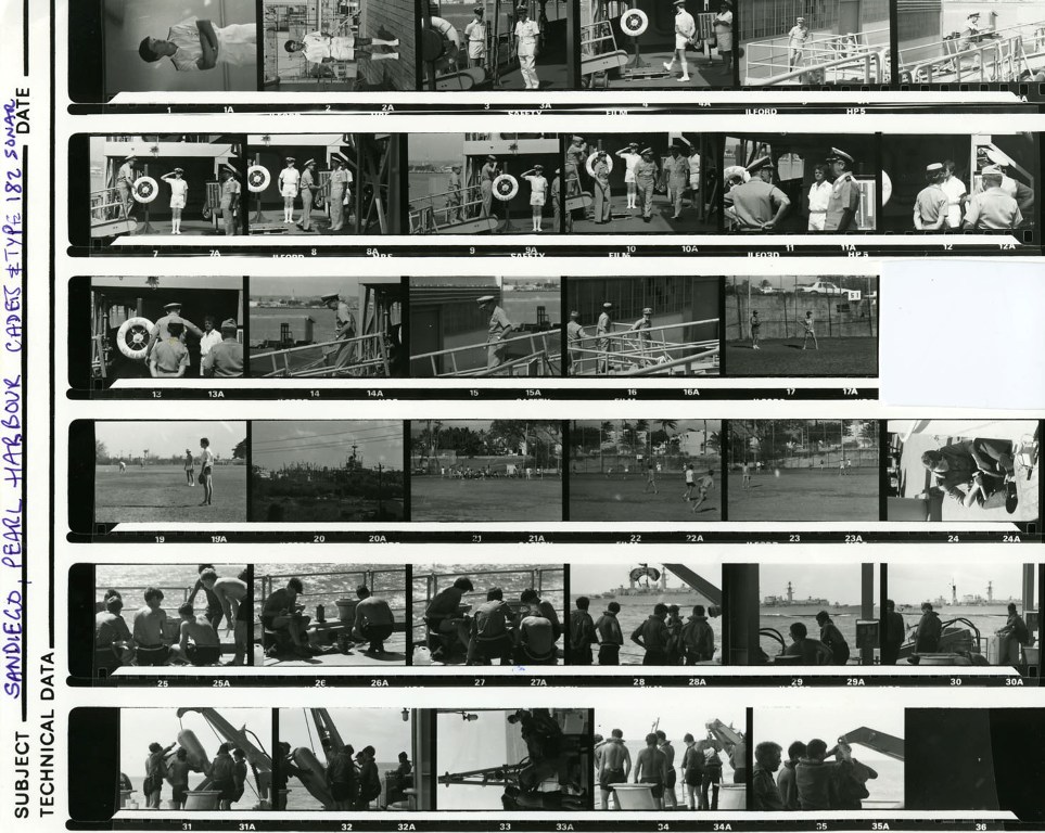 RFA OLMEDA
35mm contact sheet of 35 frames of visit to San Diego and Pearl Harbour and Cadets with Type 182 Sonar.
